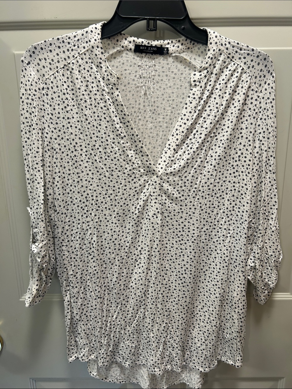 Max Jeans White V-Neck Blouse with Navy Dot Print